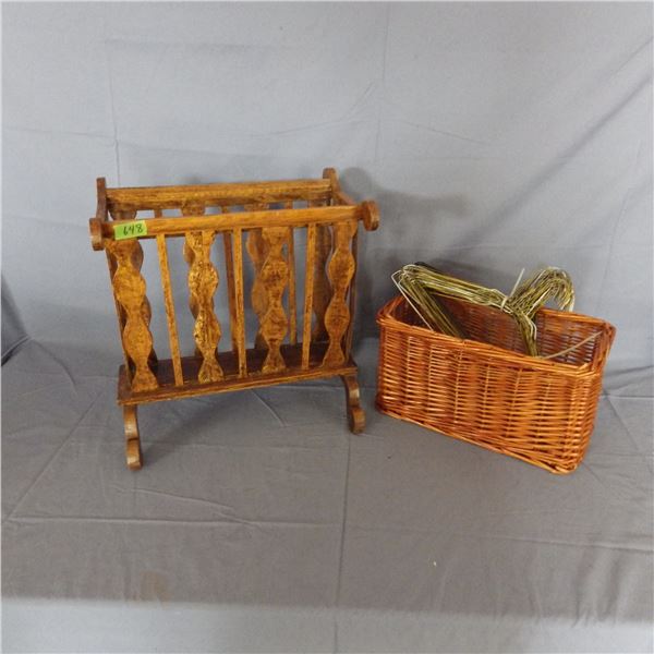Wood magazine rack , wicker basket and coat hangers