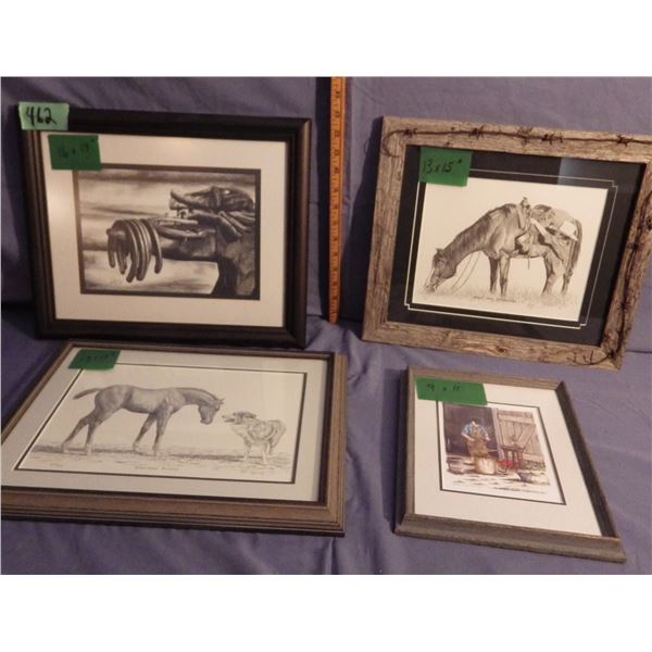 Lot of 4 framed pictures horse and western theme  Artist signatures noted in photos
