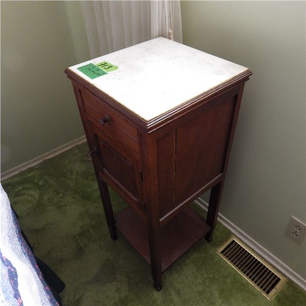 Vintage oak bedside table with marble top some cracks in the sides