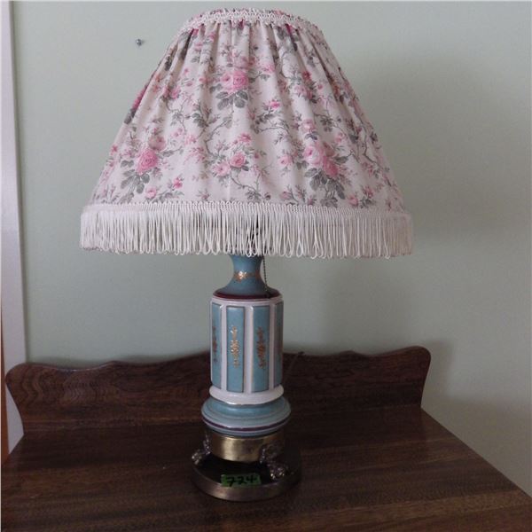 Vintage French style table lamp with a blue and white ceramic base and gold accents