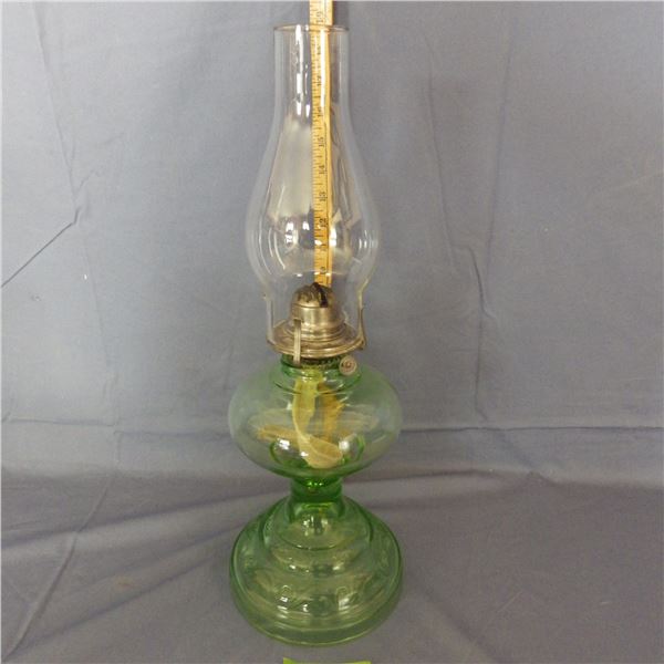 Depression glass coal oil lantern  --  Commonly referred to as uranium or vaseline glass
