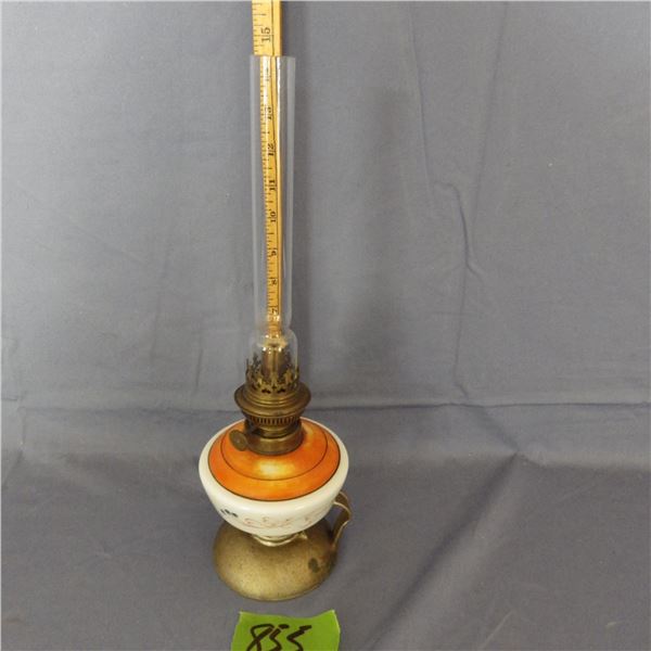 Vintage hand painted porcelain and brass oil lamp with finger loop