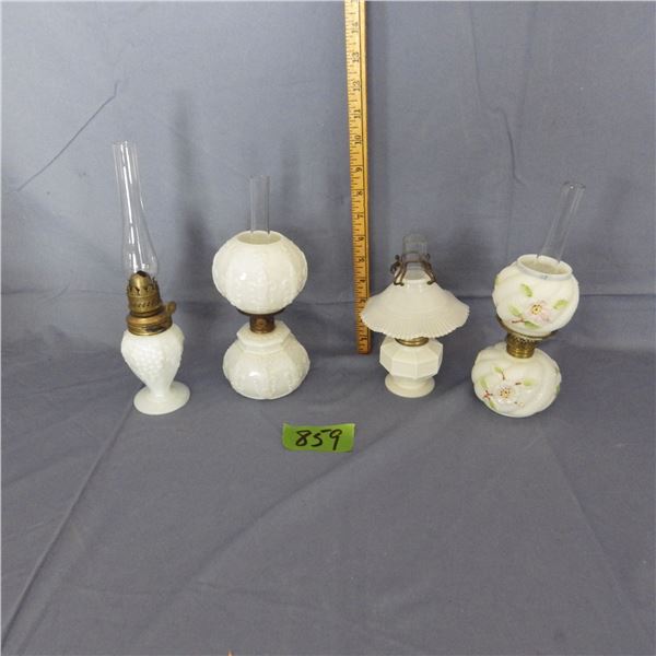 Lot of 4 vintage miniature milk glass oil lamps