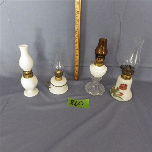 Lot of 4 vintage miniature milk glass oil lamps