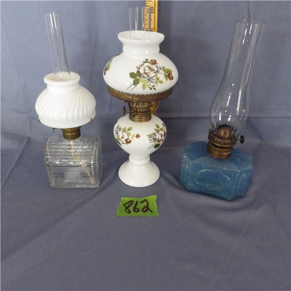 Lot of three miniature glass oil lamps