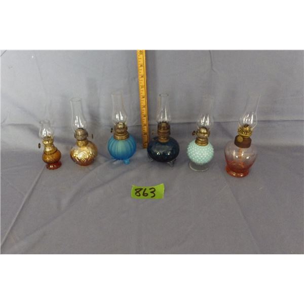 lot of six miniature glass oil lamps - - 1) bubble glass font and 1) Depression glass cornflour patt