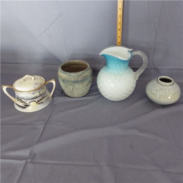 Lot with small blue diamond quilted case satin glass pitcher ,   Ceramic Sugar Bowl made in Japan an