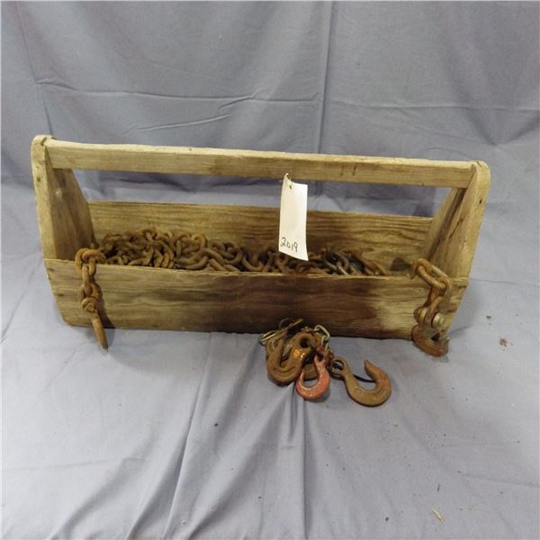 wood box with chains and chain hooks