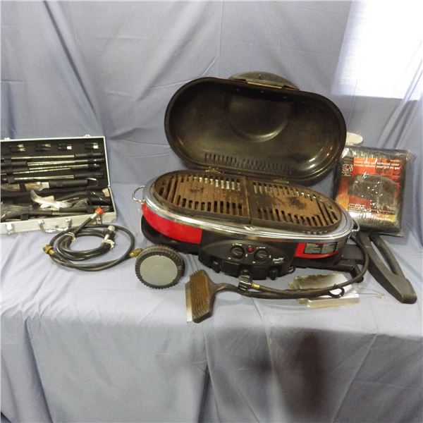 coleman propane Table top barbecue with utensils  -- COVER THAT IS PICTURED IS THE WRONG COVER AND N