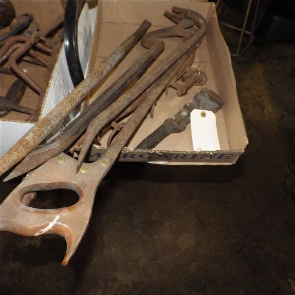 vintage pipe wrench and crowbars