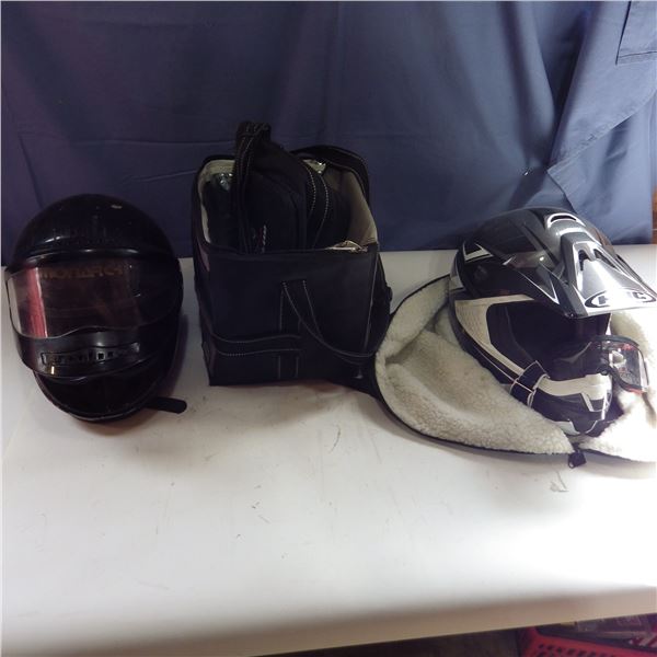 snowmobile helmets and carrying bags