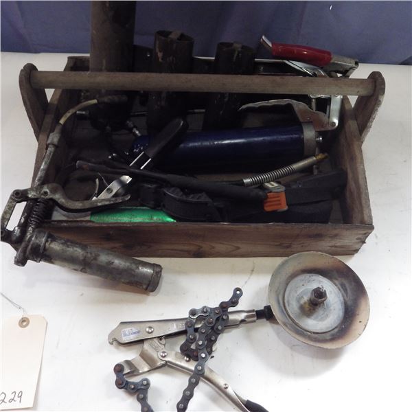 wood toolbox with grease guns , chain vice grip and more