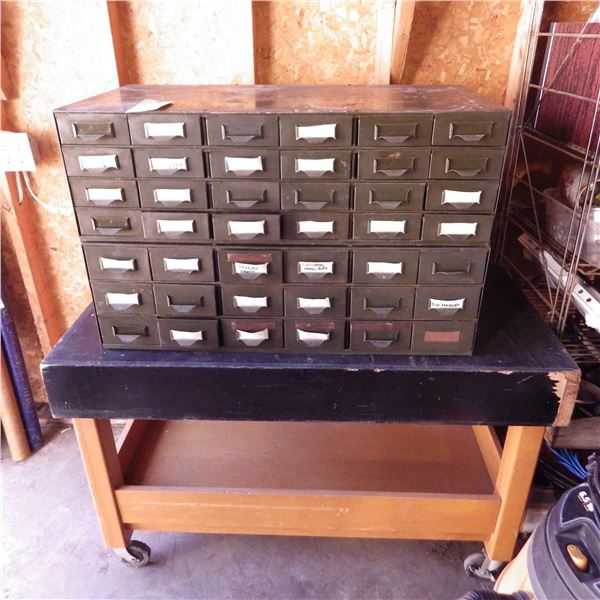 bolt bin organizer with assorted bolts etc on rolling  stand