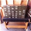 Image 1 : bolt bin organizer with assorted bolts etc on rolling  stand