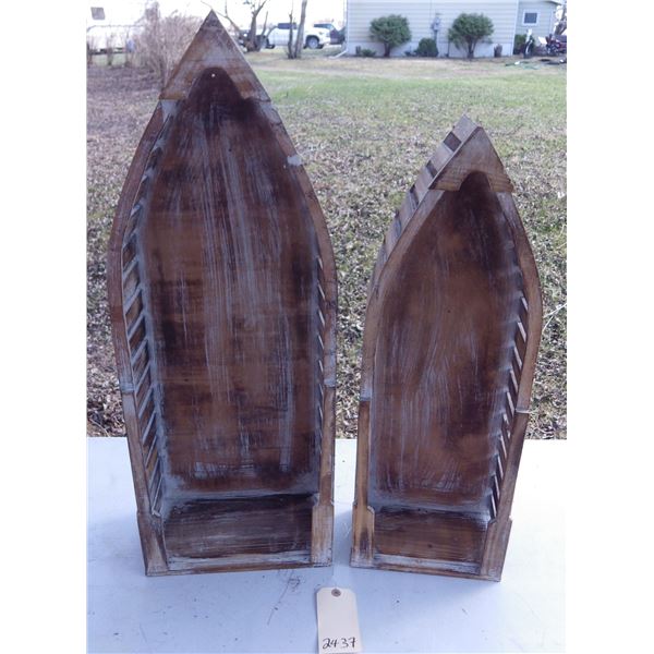 rustic looking wooden boat shelves