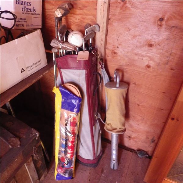golf bag with clubs and golf ball retriever