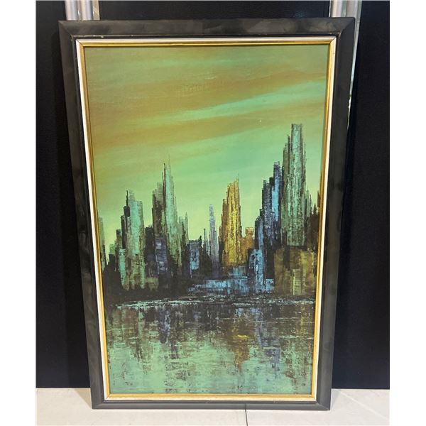 26" x 17" 1960s Mid-Century Modern print titled "New York City Skyline" by American artist Jean Ma