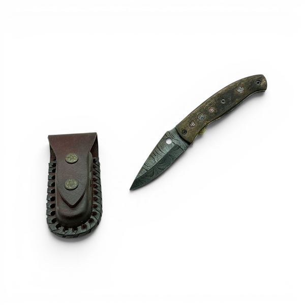 3.25" Folding Damascus Blade Knife with Leather Sheath