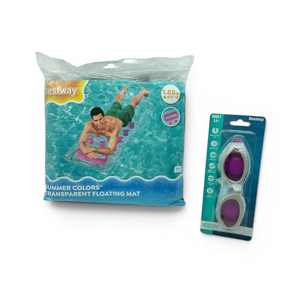Bestway Accelera Adult 14+ Swim Goggles, New and Bestway 6'2" x 28" Summer Colors Floating Mat, New