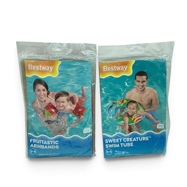 Bestway Sweet Creature Swim Tube, Fruitastic Armbands and 20" Small Beach Ball, New