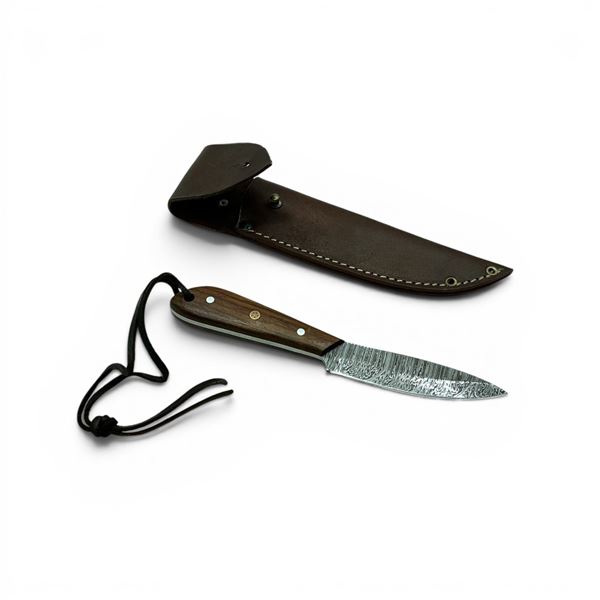 4" Fixed Damascus Blade Knife with Wooden Handle and Leather Sheath