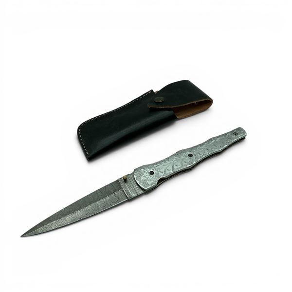 5.25" Folding Damascus Blade Knife with Leather Sheath