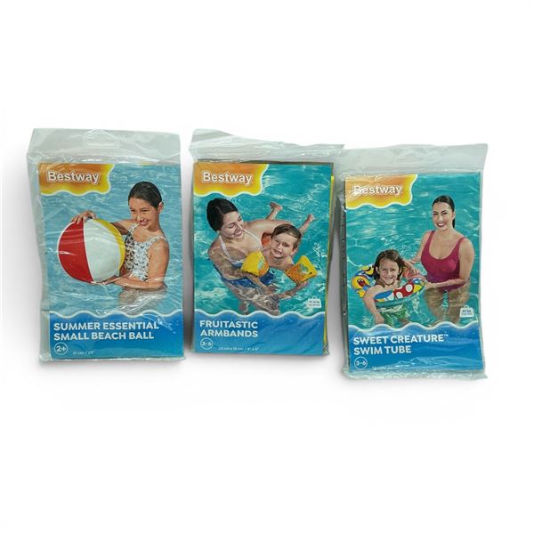 Bestway 20" Small Beach Ball, Fruitastic 9" x 6" Armbands, 22" Sweet Creature Swim Tube, New