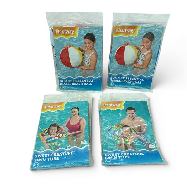 Bestway 20" Small Beach Ball, New X 2 Qty and Bestway 22" Sweet Creature Swim Tube, New X 2 Qty