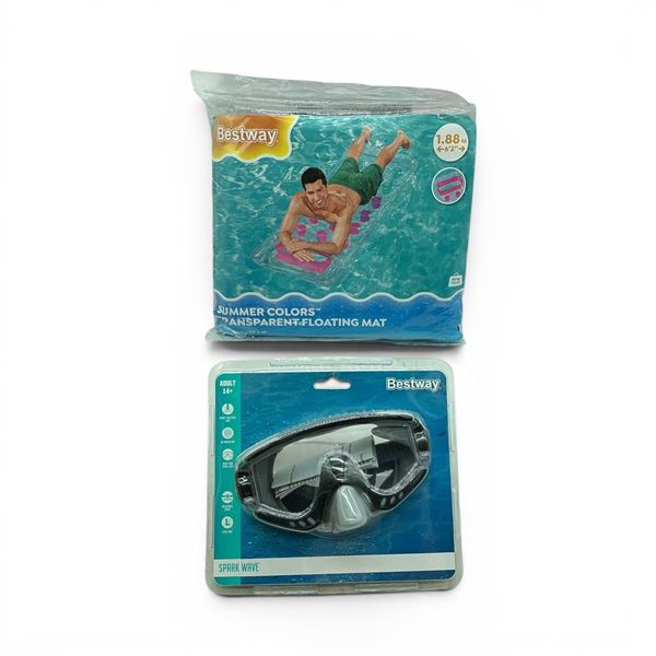 Bestway Summer Colors 6'2"x28" Transparent Floating Mat and Bestway Spark Wave Adult Swim Mask, New