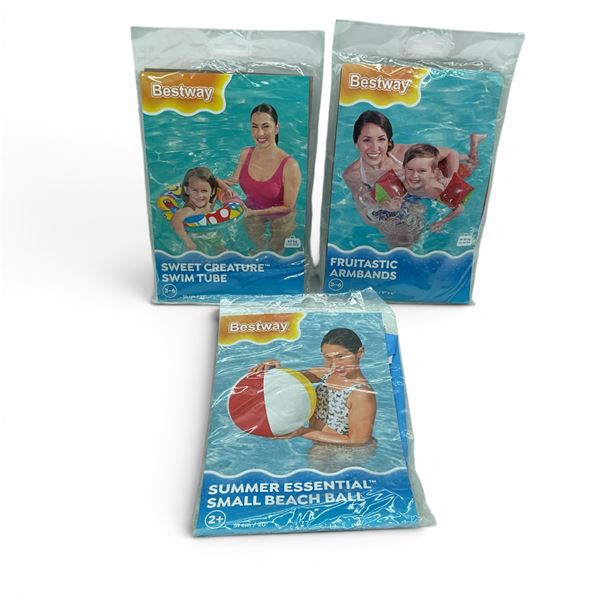 Bestway 20" Small Beach Ball, Sweet Creature 22" Swim Tube, Fruitastic 9" x 6" Armbands, New