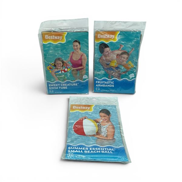 Bestway 20" Small Beach Ball, Sweet Creature 22" Swim Tube, Fruitastic 9" x 6" Armbands, New