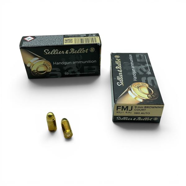 Sellier & Bellot 9mm Browning Court (380 Auto) 92 Grain FMJ Ammunition, 100 Rounds
