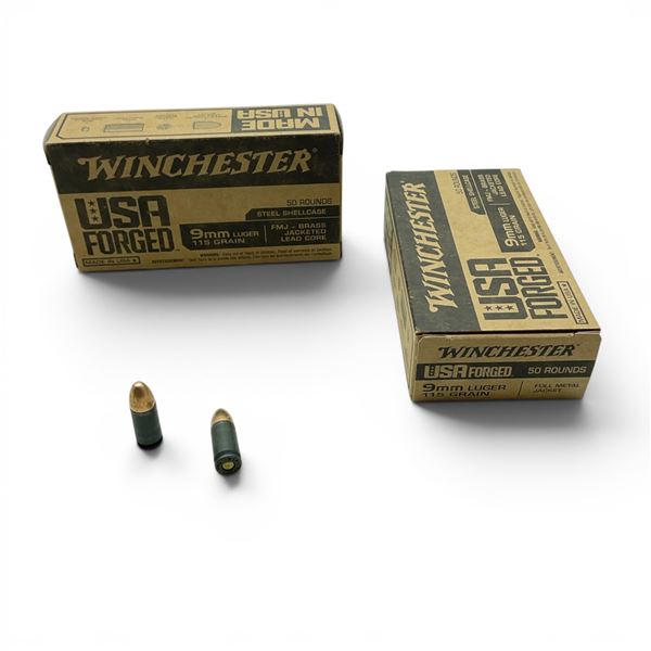 Winchester USA Forged 9mm Luger 115 Grain FMJ Ammunition, 100 Rounds