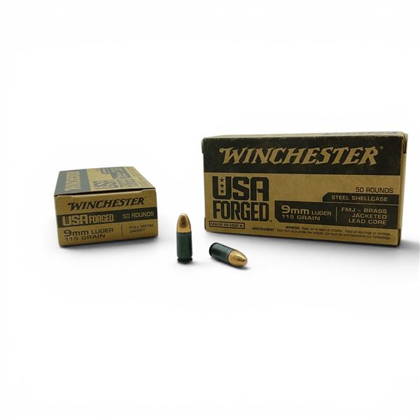 Winchester USA Forged 9mm Luger 115 Grain FMJ Ammunition, 100 Rounds
