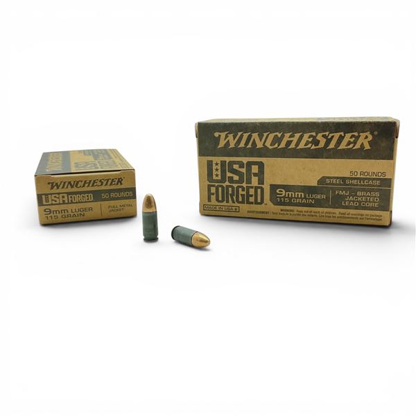 Winchester USA Forged 9mm Luger 115 Grain FMJ Ammunition, 100 Rounds