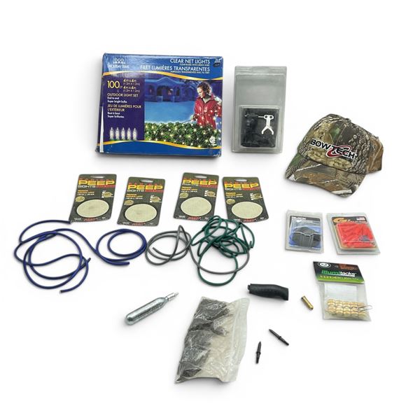 Loose Archery Accessories. Hat, and Untested String Of Lights