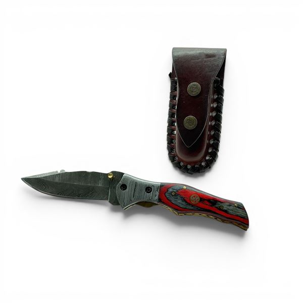 3.5" Folding Damascus Blade Knife with Leather Pouch