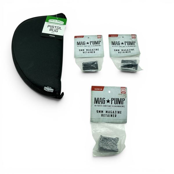 Uncle Mike's Pistol Rug, Lg 14" X 7" and Mag Pump 9 mm Magazine Retainer X 3 Qty