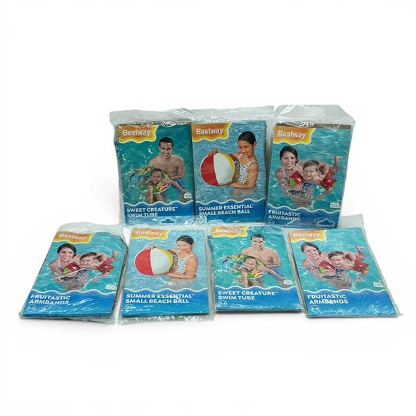 Bestway Summer Essential Small Beach Ball, 20" X 2 Qty, Sweet Creature Swim Tube, 22" X 2 Qty