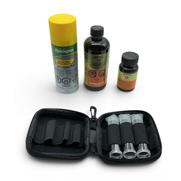 Assorted Cleaning Solvents and Oil, Choke Tube Carrier
