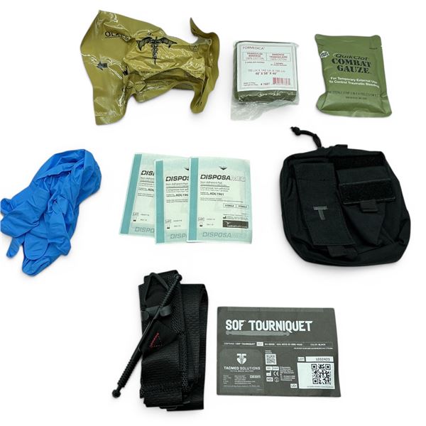 First Aid Kit Including Gauze, Bandages, Tourniquet, Gloves