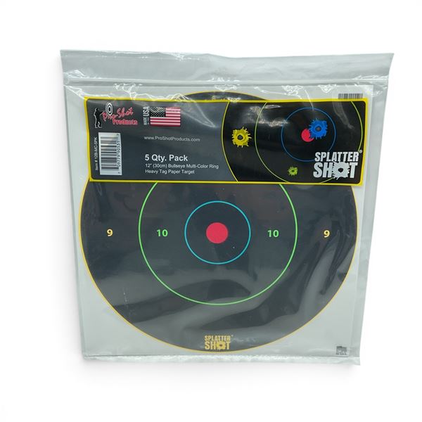 Pro-Shot 12" Bullseye Multi-Color Ring Heavy Tag Paper Target, 5 Pack, New