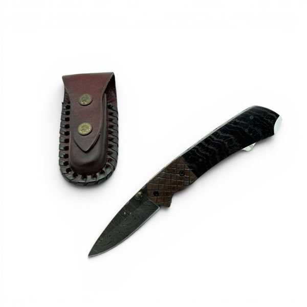 3.5" Folding Damascus Blade Knife with Belt Sheath