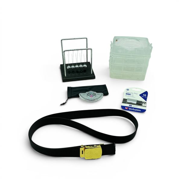 Organizer, Belt With Brass Buckle, Approx 48", Harley Davidson Anniversary Badge, USB Drive