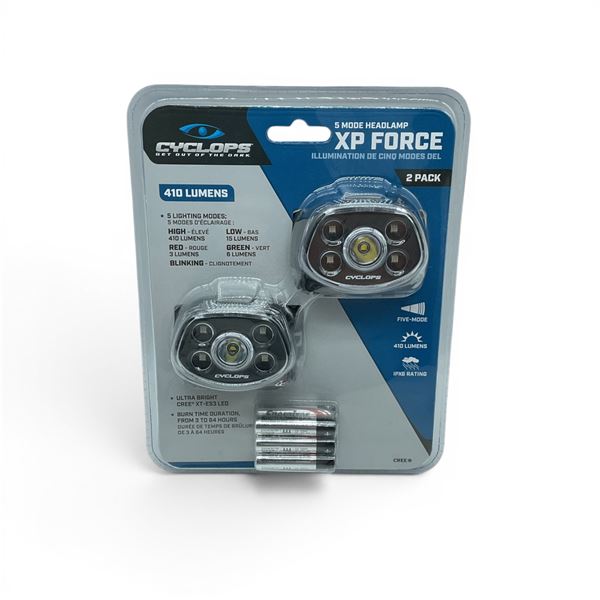Cyclops 410 Lumens 5 Mode Headlamp XP Force 2 Pack, New