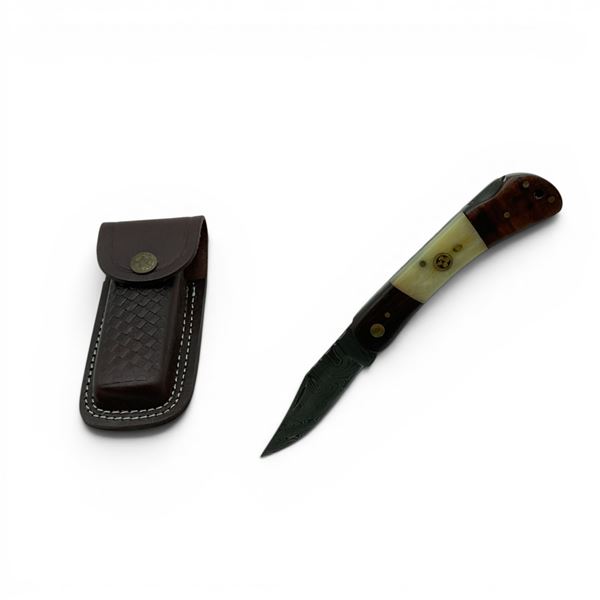 3" Folding Damascus Blade Knife with Belt Sheath