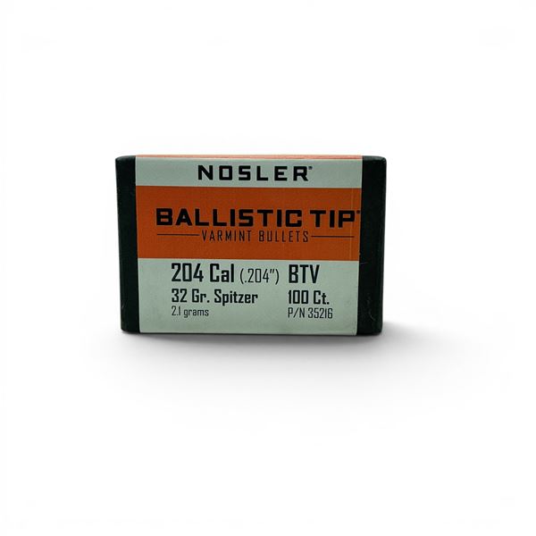Nosler Ballistic Tip Varmint 204 Cal (.204"), 32 Grain Spitzer BTV Projectiles, 100 Qty
