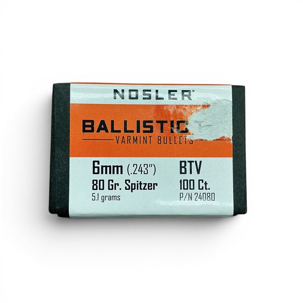 Nosler Ballistic Tip Varmint 6mm Caliber (.243"), 80 Grain Spitzer BTV Projectiles, 100 Qty