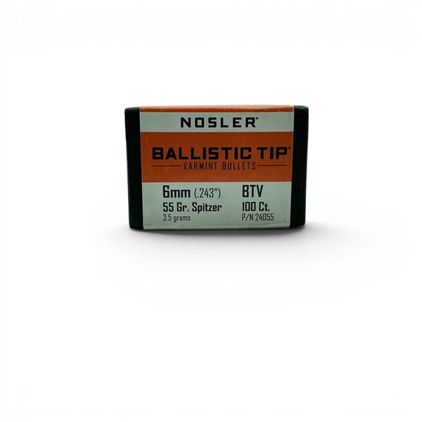 Nosler Ballistic Tip Varmint 6mm Caliber (.243"), 55 Grain Spitzer BTV Projectiles, 100 Qty