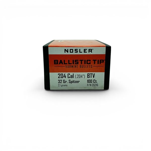 Nosler Ballistic Tip Varmint 204 Cal (.204"), 32 Grain Spitzer Projectiles, 100 Qty